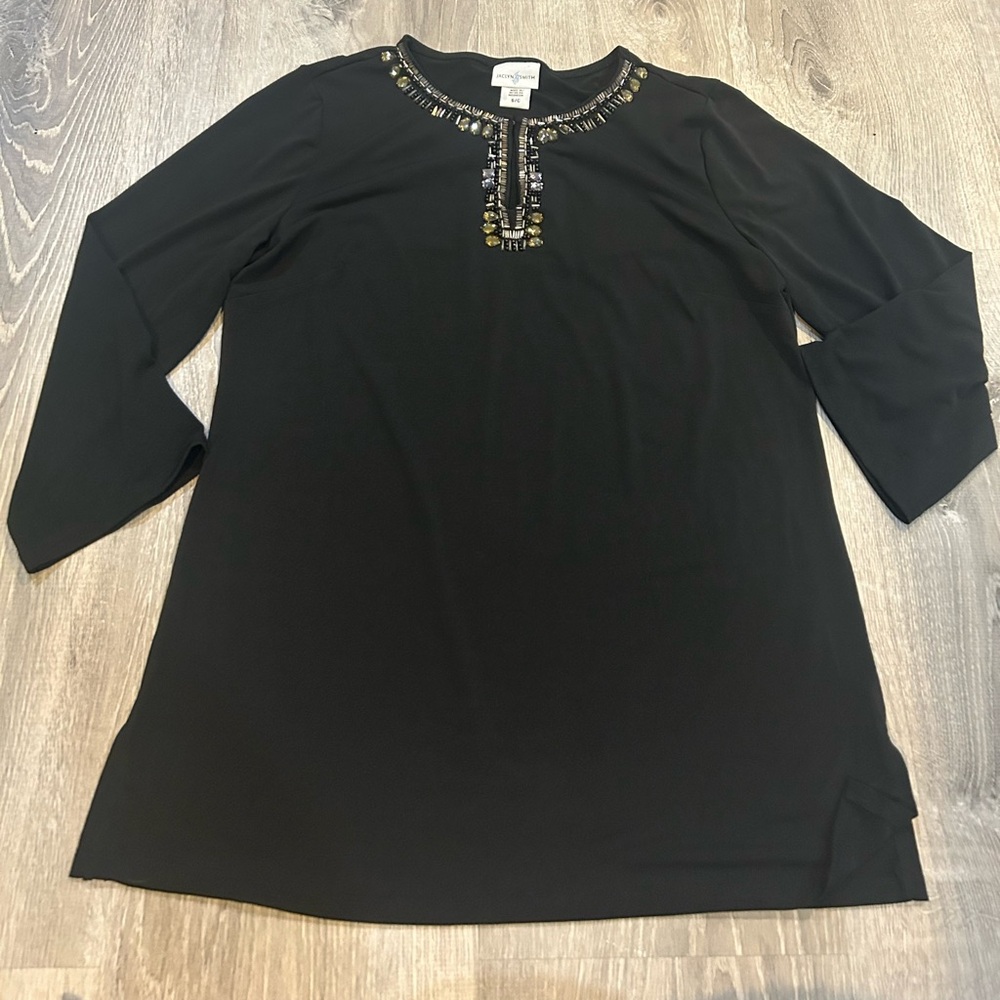 Jaclyn Smith Black Tunic with Embellished Neckline size small 3/4 sleeves